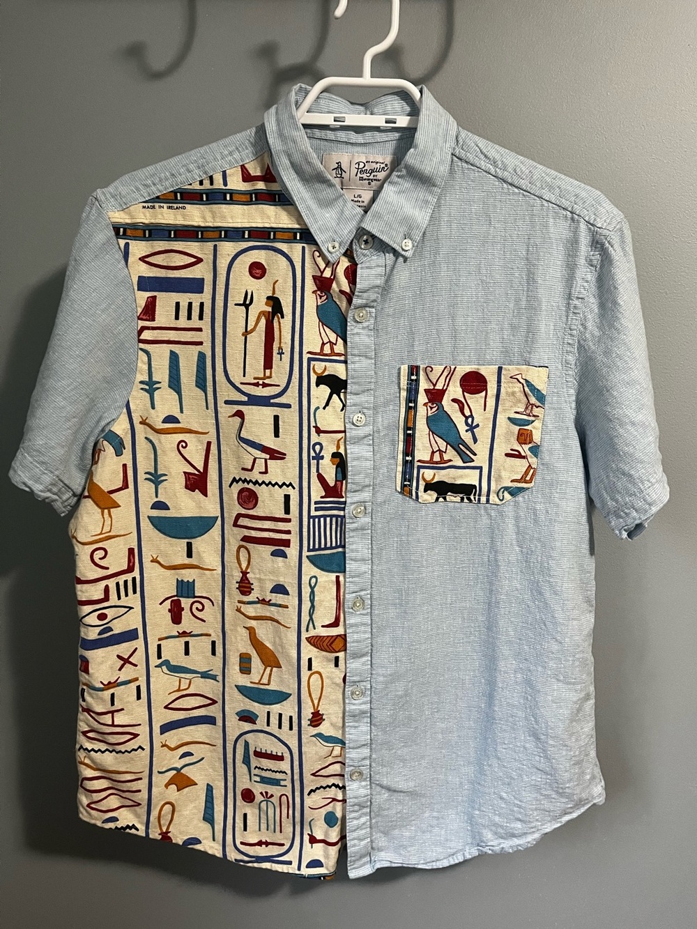 Reworked Short-Sleeve Button-Down Shirt with Vintage Tea Towel Front